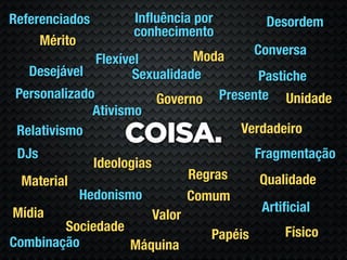 Referenciados         Inﬂuência por               Desordem
                      conhecimento
     Mérito
                                Moda             Conversa
               Flexível
   Desejável          Sexualidade        Pastiche
 Personalizado            Governo Presente Unidade
              Ativismo
                                      Verdadeiro
 Relativismo
                     COISA.
 DJs                                             Fragmentação
                Ideologias
 Material                            Regras      Qualidade
            Hedonismo                Comum
Mídia                                             Artiﬁcial
                             Valor
        Sociedade                                     Físico
                                        Papéis
Combinação        Máquina
 