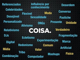 Referenciados         Inﬂuência por     Desordem
                      conhecimento
  Celebridades
                                Moda     Conversa
               Flexível
   Desejável          Sexualidade         Pastiche
 Personalizado             ONGs    Presente Unidade
              Ativismo
                                       Verdadeiro
 Relativismo
                    COISA.
 DJs                                  Fragmentação
                Ecletismo
                      Experimentação Marca
  Digital
          Hedonismo        Comum
Mídia                                 Artiﬁcial
                     Valor
           Tribo                          Físico
                              Mashups
Combinação       Computador
 