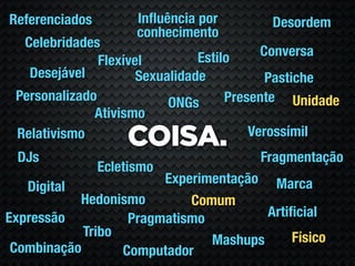 Referenciados         Inﬂuência por       Desordem
                      conhecimento
  Celebridades
                                Estilo     Conversa
               Flexível
   Desejável          Sexualidade           Pastiche
 Personalizado             ONGs      Presente Unidade
              Ativismo
                                         Verossímil
 Relativismo
                    COISA.
 DJs                                    Fragmentação
                Ecletismo
                        Experimentação Marca
   Digital
           Hedonismo        Comum
Expressão          Pragmatismo         Artiﬁcial
            Tribo                          Físico
                               Mashups
 Combinação       Computador
 