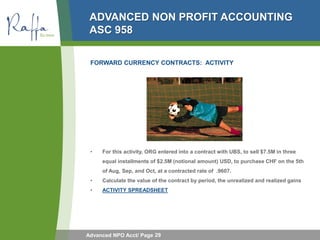 ADVANCED NON PROFIT ACCOUNTING
 ASC 958

 FORWARD CURRENCY CONTRACTS: ACTIVITY




 •   For this activity, ORG entered int...