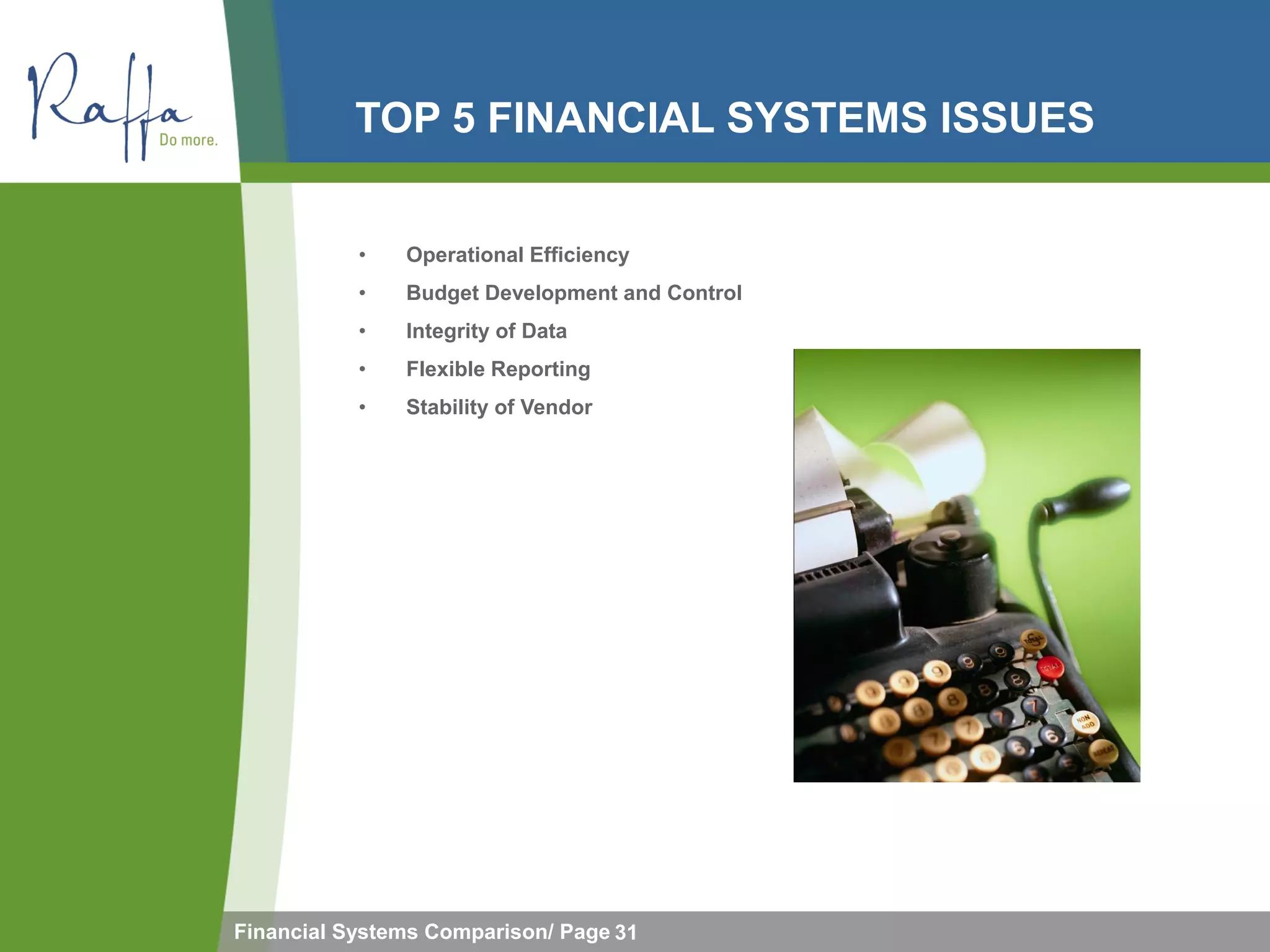 TOP 5 FINANCIAL SYSTEMS ISSUES


           •   Operational Efficiency
           •   Budget Development and Control
           •   Integrity of Data
           •   Flexible Reporting
           •   Stability of Vendor




Financial Systems Comparison/ Page 31
 