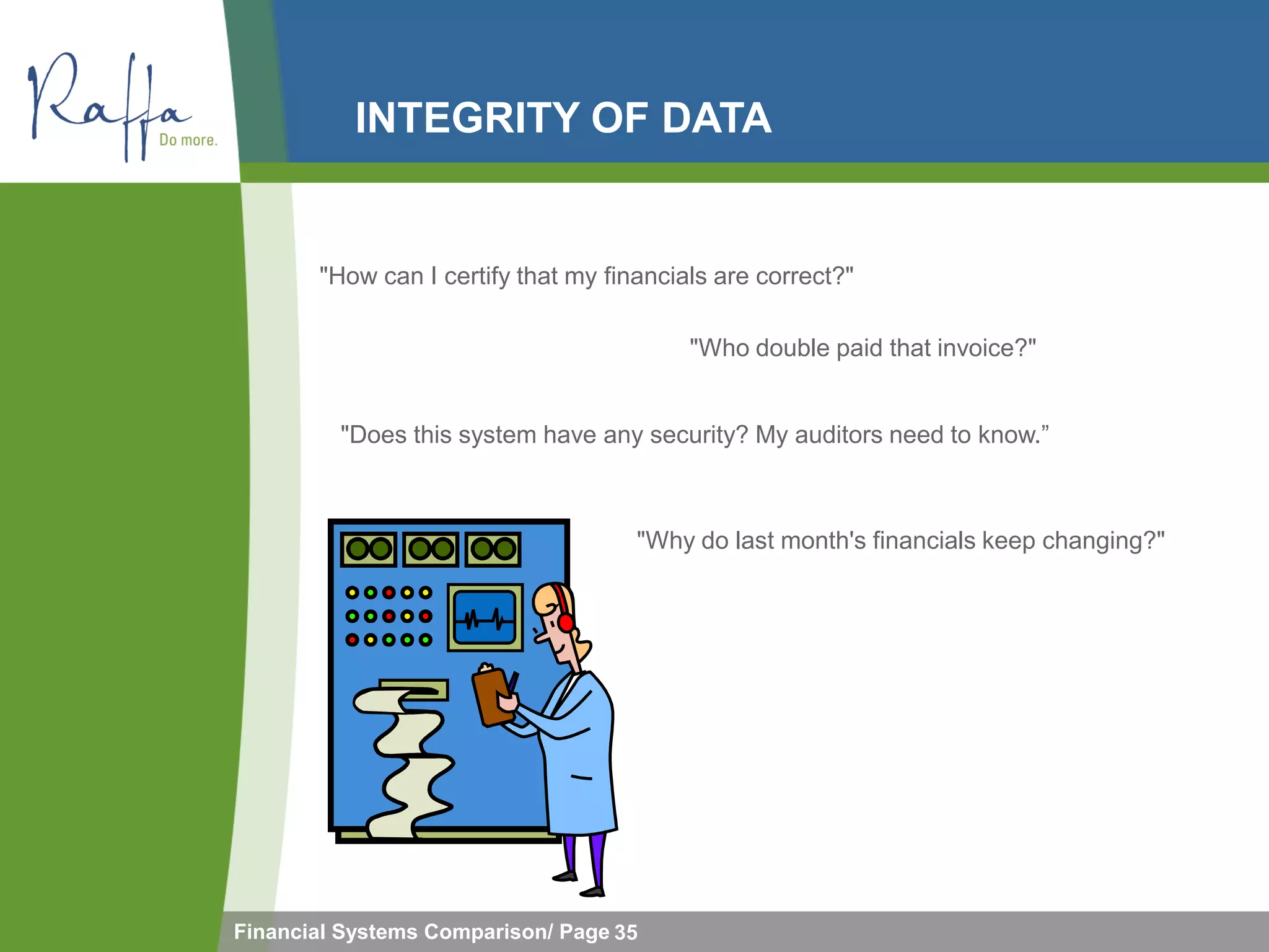 INTEGRITY OF DATA


       "How can I certify that my financials are correct?"

                                          "Who double paid that invoice?"


         "Does this system have any security? My auditors need to know.”



                                     "Why do last month's financials keep changing?"




Financial Systems Comparison/ Page 35
 