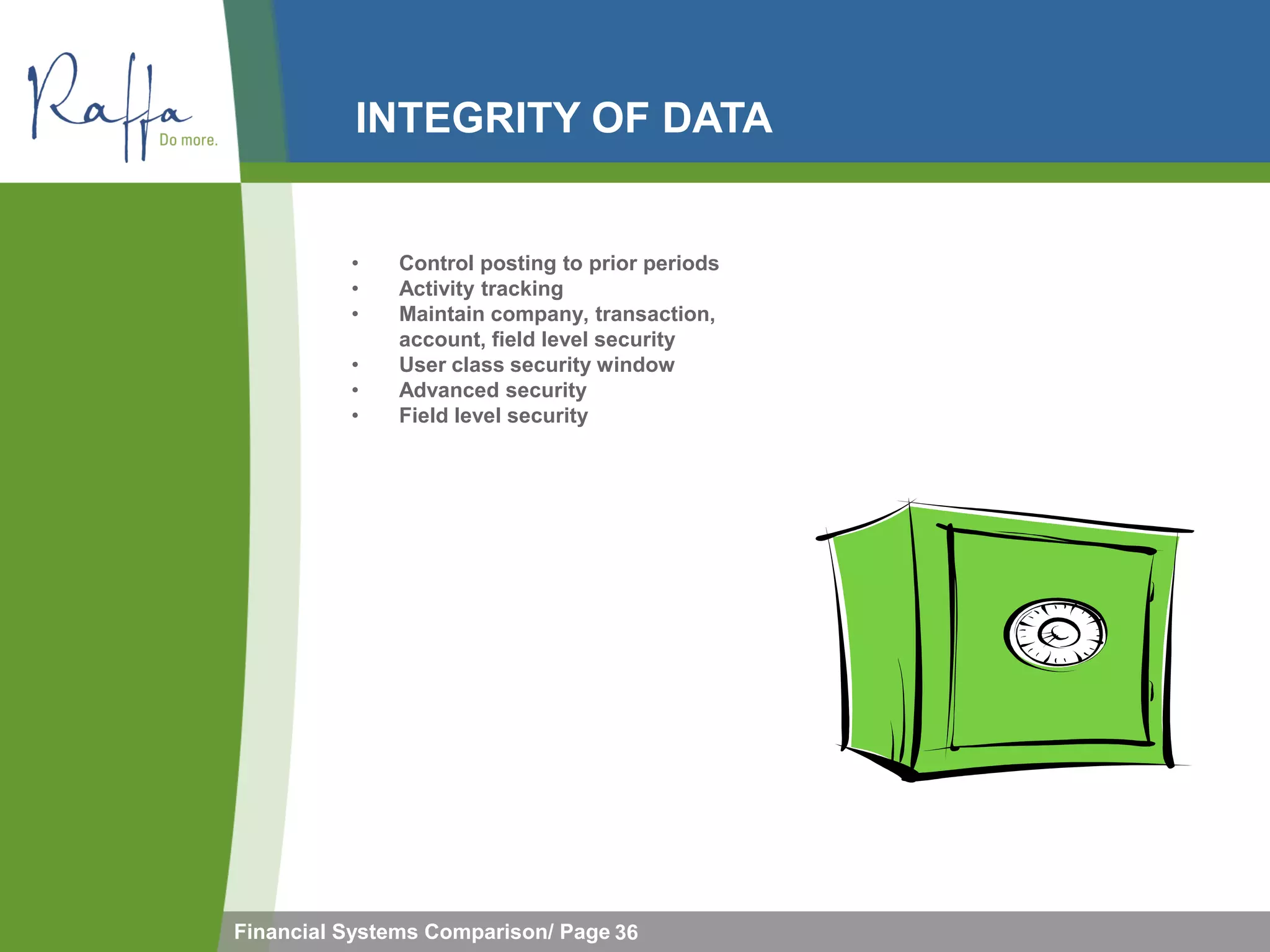 INTEGRITY OF DATA


          •    Control posting to prior periods
          •    Activity tracking
          •    Maintain company, transaction,
               account, field level security
          •    User class security window
          •    Advanced security
          •    Field level security




Financial Systems Comparison/ Page 36
 