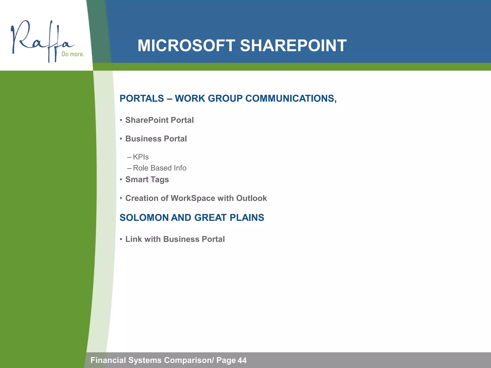 MICROSOFT SHAREPOINT


      PORTALS – WORK GROUP COMMUNICATIONS,

      • SharePoint Portal

      • Business Portal

        – KPIs
        – Role Based Info
      • Smart Tags

      • Creation of WorkSpace with Outlook

      SOLOMON AND GREAT PLAINS

      • Link with Business Portal




Financial Systems Comparison/ Page 44
 