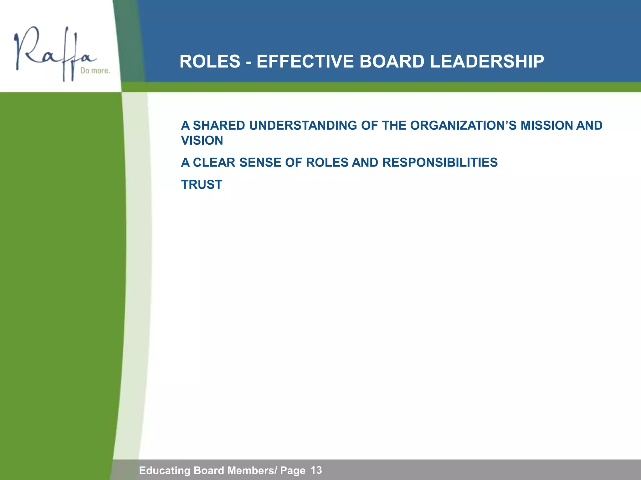 ROLES - EFFECTIVE BOARD LEADERSHIP


       A SHARED UNDERSTANDING OF THE ORGANIZATION‟S MISSION AND
       VISION
       A CLEAR SENSE OF ROLES AND RESPONSIBILITIES
       TRUST




Educating Board Members/ Page 13
 