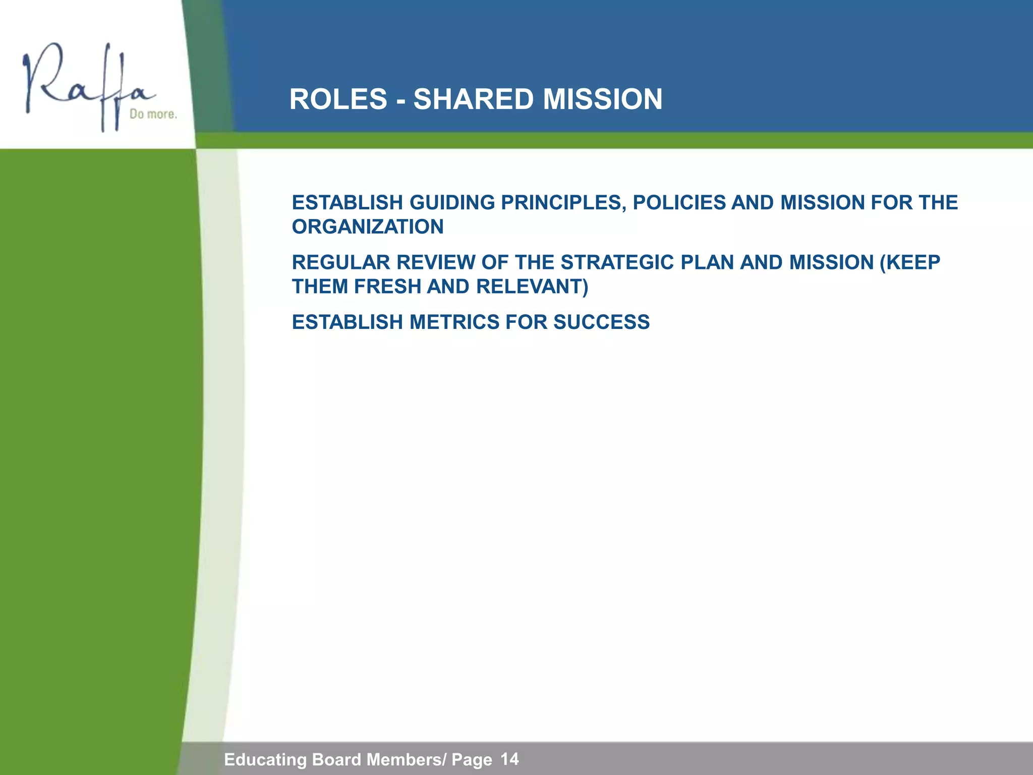 ROLES - SHARED MISSION


       ESTABLISH GUIDING PRINCIPLES, POLICIES AND MISSION FOR THE
       ORGANIZATION
       REGULAR REVIEW OF THE STRATEGIC PLAN AND MISSION (KEEP
       THEM FRESH AND RELEVANT)
       ESTABLISH METRICS FOR SUCCESS




Educating Board Members/ Page 14
 