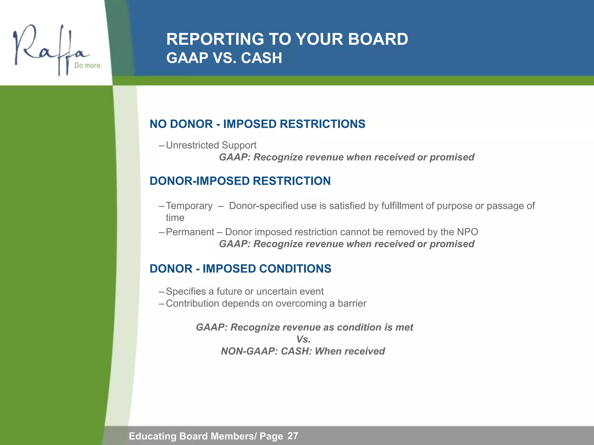 REPORTING TO YOUR BOARD
       GAAP VS. CASH



   NO DONOR - IMPOSED RESTRICTIONS
     – Unrestricted Support
                   GAAP: Recognize revenue when received or promised

   DONOR-IMPOSED RESTRICTION

     – Temporary – Donor-specified use is satisfied by fulfillment of purpose or passage of
       time
     – Permanent – Donor imposed restriction cannot be removed by the NPO
                 GAAP: Recognize revenue when received or promised

   DONOR - IMPOSED CONDITIONS
     – Specifies a future or uncertain event
     – Contribution depends on overcoming a barrier

             GAAP: Recognize revenue as condition is met
                                Vs.
                NON-GAAP: CASH: When received




Educating Board Members/ Page 27
 