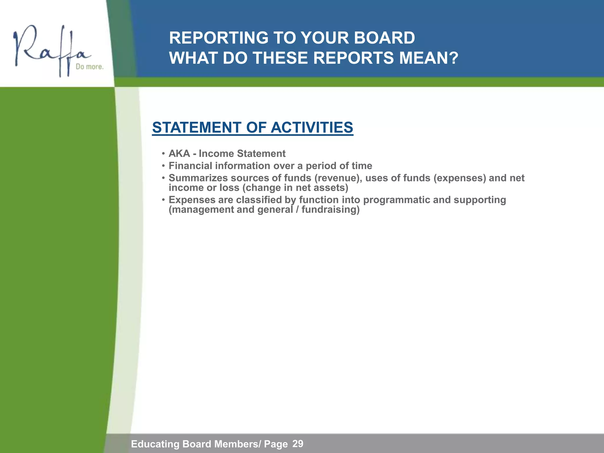 REPORTING TO YOUR BOARD
       WHAT DO THESE REPORTS MEAN?



   STATEMENT OF ACTIVITIES
     • AKA - Income Statement
     • Financial information over a period of time
     • Summarizes sources of funds (revenue), uses of funds (expenses) and net
       income or loss (change in net assets)
     • Expenses are classified by function into programmatic and supporting
       (management and general / fundraising)




Educating Board Members/ Page 29
 