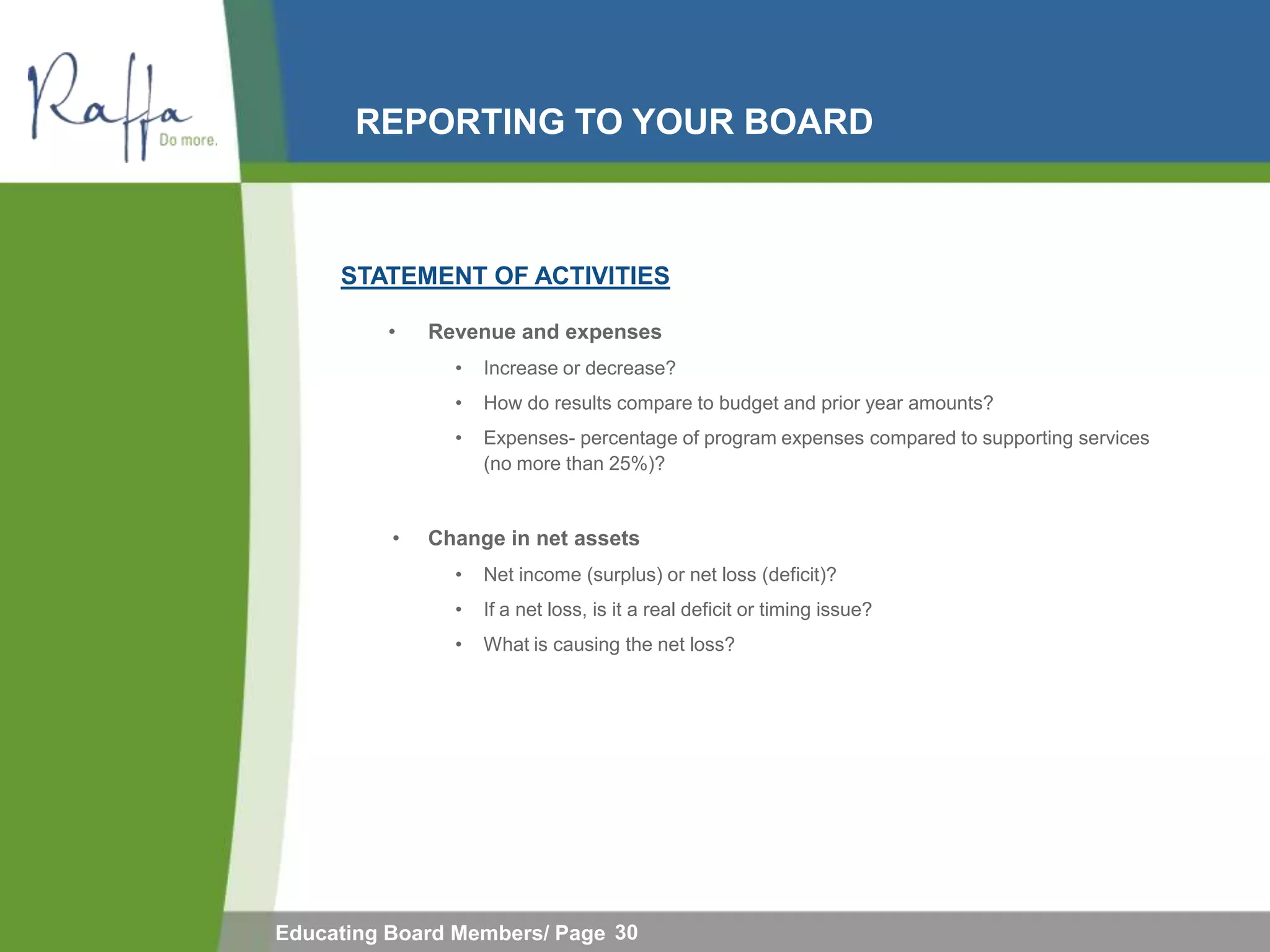 REPORTING TO YOUR BOARD



     STATEMENT OF ACTIVITIES

         •    Revenue and expenses
                •   Increase or decrease?
                •   How do results compare to budget and prior year amounts?
                •   Expenses- percentage of program expenses compared to supporting services
                    (no more than 25%)?


          •   Change in net assets
                •   Net income (surplus) or net loss (deficit)?
                •   If a net loss, is it a real deficit or timing issue?
                •   What is causing the net loss?




Educating Board Members/ Page 30
 