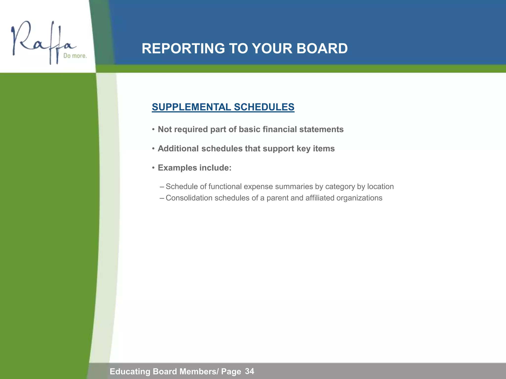 REPORTING TO YOUR BOARD



         SUPPLEMENTAL SCHEDULES

         • Not required part of basic financial statements

         • Additional schedules that support key items

         • Examples include:

           – Schedule of functional expense summaries by category by location
           – Consolidation schedules of a parent and affiliated organizations




Educating Board Members/ Page 34
 