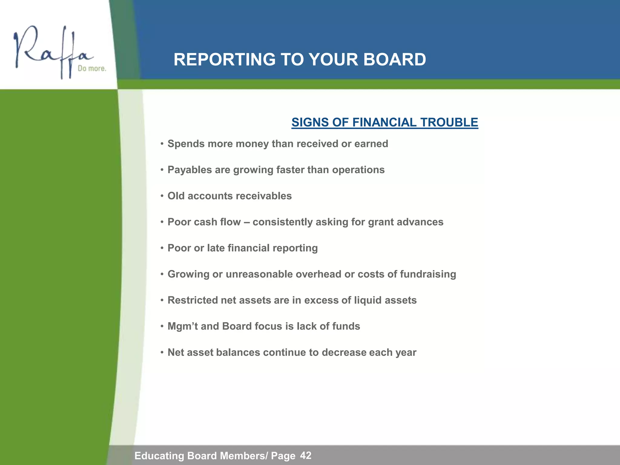 REPORTING TO YOUR BOARD


                                SIGNS OF FINANCIAL TROUBLE
    • Spends more money than received or earned

    • Payables are growing faster than operations

    • Old accounts receivables

    • Poor cash flow – consistently asking for grant advances

    • Poor or late financial reporting

    • Growing or unreasonable overhead or costs of fundraising

    • Restricted net assets are in excess of liquid assets

    • Mgm‟t and Board focus is lack of funds

    • Net asset balances continue to decrease each year




Educating Board Members/ Page 42
 