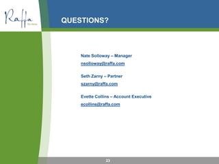 QUESTIONS?
23
Nate Solloway – Manager
nsolloway@raffa.com
Seth Zarny – Partner
szarny@raffa.com
Evette Collins – Account Executive
ecollins@raffa.com
 