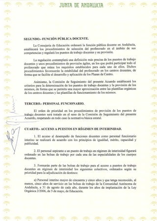 JUT1TR Dr RT1DRlU(lR




        La Consejeria de Educacion ordenani la funcion publica docente en Andalucia,
establecera los procedimientos de seleccion del profesorado en el ambito de sus
competencias y regulara los puestos de trabajo docentes y su provision.

        La regulacion contemplara una definicion mas precis a de los puestos de trabajo
docentes y unos procedimientos de provision agiles, en los que podra participar todo el
profesorado que reuna los requisitos establecidos para cada uno de ellos. Dichos
procedimientos favoreceran la estabilidad del profesorado en los centros docentes, de
forma que se facilite el desarrollo y aplicacion de los Planes de Centro.

         Asimismo, la Comision de Seguimiento del presente Acuerdo establecera los
criterios para la determinacion de los puestos de trabajo docentes y la provision de los
mismos, de forma que se permita una mayor aproximacion entre las plantillas organicas
de los centros docentes y las plantillas de funcionamiento de los mismos.




        EI orden de prioridad en los procedimientos de provision de los puestos de
tra a·.u....docentes sera tratado en el seno de la Comision de Seguimiento del presente
Acuerdo, respetando en todo caso la normativa basica estatal.




        1. EI acceso al desempefio de funciones do centes como personal funcionario
interino se realizara de acuerdo con los principios de igualdad, merito, capacidad y
publicidad.

       2. EI personal aspirante a un puesto de trabajo en regimen de interinidad figurara
ordenado en las bolsas de trabajo por cada una de las especialidades de los cuerpos
docentes.

         3. Formaran parte de las bolsas de trabajo para el acceso a puestos de trabajo
do centes en regimen de interinidad los siguientes colectivos, ordenados seglin su
priori dad para la adjudicacion de destinos:

       a) Personal interino mayor de cincuenta y cinco afios y que tenga reconocido, al
menos, cinco afios de servicio en las bolsas de trabajo de la Comunidad Autonoma de
Andalucia, a 31 de agosto de cad a afio, durante los afios de implantacion de la Ley
Organica 2/2006, de 3 de mayo, de Educacion.
 