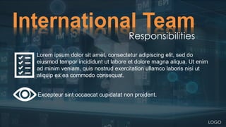 Responsibilities
Lorem ipsum dolor sit amet, consectetur adipiscing elit, sed do
eiusmod tempor incididunt ut labore et dolore magna aliqua. Ut enim
ad minim veniam, quis nostrud exercitation ullamco laboris nisi ut
aliquip ex ea commodo consequat.
Excepteur sint occaecat cupidatat non proident.
International Team
LOGO
 