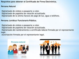 Requisitos para obtener el Certificado de Firma Electrónica.
Persona Natural
Digitalizado de cédula o pasaporte a color.
Digitalizado de papeleta de votación actualizada.
Digitalizado de la última factura de pago de luz, agua o teléfono.
Persona Jurídica/ Funcionario Público.
Digitalizado de cédula o pasaporte a color.
Digitalizado de papeleta de votación actualizada.
Digitalizado del nombramiento o certificado laboral firmado por el representante
legal.
Autorización firmada por el representante legal.
 
