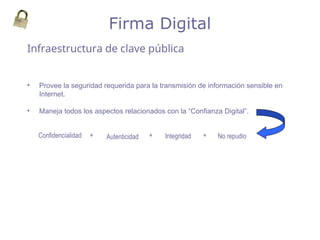 • Provee la seguridad requerida para la transmisión de información sensible en
Internet.
• Maneja todos los aspectos relacionados con la “Confianza Digital”.
Infraestructura de clave pública
Firma Digital
No repudio
Integridad
Autenticidad
Confidencialidad +
+
+
 
