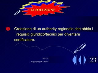 23  Creazione di un authority regionale che abbia i  requisiti giuridico/tecnici per diventare certificatore. La SOLUZIONE La SOLUZIONE   