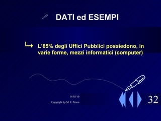 32 DATI ed ESEMPI L’85% degli Uffici Pubblici possiedono, in varie forme, mezzi informatici (computer)  