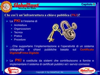 Capitolo 6


Che cos’è un’infrastruttura a chiave pubblica (PKI)?
 La    PKI è l’insieme di
       Architetture
       Organizzazioni
       Tecnica
       Pratica
       Procedure

 …Che supportano l’implementazione e l’operatività di un sistema
  crittografico a chiavi pubbliche basato sul Certificato
  Digitale/Firma Digitale

 La PKI è costituita da sistemi che contribuiscono a fornire e
  implementare il sistema di certificati pubblici ed i servizi connessi

                         Copyright © by GlobalTrust, Inc.
                                                                          140
 