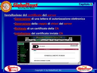 Capitolo 8



Installazione del certificato del server
       •Generazione di una lettera di autorizzazione elettronica
       •Generazione della coppia di chiavi del server
       •Richiesta di un certificato della CA
       •Installazione del certificato inviato CA




                        Copyright © by GlobalTrust, Inc.
                                                                        254
 