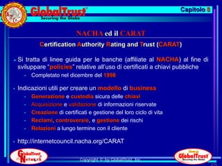 Capitolo 8


                              NACHA ed il CARAT
              Certification Authority Rating and Trust (CARAT)

 Si   tratta di linee guida per le banche (affiliate al NACHA) al fine di
    sviluppare “policies” relative all’uso di certificati a chiavi pubbliche
       •   Completato nel dicembre del 1998

•   Indicazioni utili per creare un modello di business
       •   Generazione e custodia sicura delle chiavi
       •   Acquisizione e validazione di informazioni riservate
       •   Creazione di certificati e gestione del loro ciclo di vita
       •   Reclami, controversie, e gestione dei rischi
       •   Relazioni a lungo termine con il cliente

•   http://internetcouncil.nacha.org/CARAT

                                Copyright © by GlobalTrust, Inc.
                                                                                     275
 