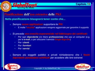 Capitolo 13


Pianificazione dell’uso estensivo delle PKI
Nella pianificazione bisognerà tener conto che...
       Sempre nuove applicazioni supportano le PKI
         •   E molte “vecchie” applicazioni vengono aggiornate per garantire il supporto


       Si prevede una crescita esponenziale nel fabbisogno dei certificati:
         •   Per ogni dipendente e/o libero professionista che usa un computer (e.g.
             per le e-mail, o per utilizzare il servizio Single Sign-On)
         •   Per i clienti
         •   Per i fornitori
         •   Per i servizi


       Sempre più soggetti pubblici e privati richiederanno che i Vostri
        dipendenti possiedano certificati per accedere alle loro extranet



                              Copyright © by GlobalTrust, Inc.
                                                                                           341
 