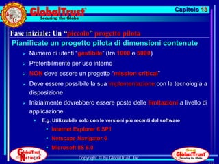Capitolo 13


Fase iniziale: Un “piccolo” progetto pilota
Pianificate un progetto pilota di dimensioni contenute
      Numero di utenti “gestibile” (tra 1000 e 5000)
      Preferibilmente per uso interno
      NON deve essere un progetto “mission critical”
      Deve essere possibile la sua implementazione con la tecnologia a
       disposizione
      Inizialmente dovrebbero essere poste delle limitazioni a livello di
       applicazione
           E.g. Utilizzabile solo con le versioni più recenti del software
             • Internet Explorer 6 SP1
             • Netscape Navigator 6
             • Microsoft IIS 6.0
                            Copyright © by GlobalTrust, Inc.
                                                                                      343
 