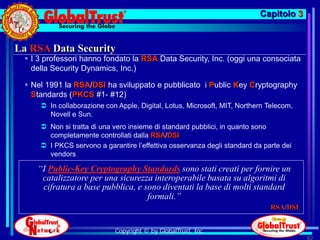 Capitolo 3


La RSA Data Security
  I 3 professori hanno fondato la RSA Data Security, Inc. (oggi una consociata
   della Security Dynamics, Inc.)

  Nel 1991 la RSA/DSI ha sviluppato e pubblicato i Public Key Cryptography
   Standards (PKCS #1- #12)
      In collaborazione con Apple, Digital, Lotus, Microsoft, MIT, Northern Telecom,
       Novell e Sun.
      Non si tratta di una vero insieme di standard pubblici, in quanto sono
       completamente controllati dalla RSA/DSI
      I PKCS servono a garantire l’effettiva osservanza degli standard da parte dei
       vendors

    “I Public-Key Cryptography Standards sono stati creati per fornire un
     catalizzatore per una sicurezza interoperabile basata su algoritmi di
     cifratura a base pubblica, e sono diventati la base di molti standard
                                   formali.”
                                                                             RSA/DSI


                            Copyright © by GlobalTrust, Inc.
                                                                                        82
 