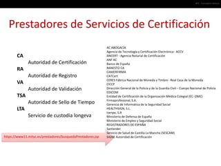#01 · Conceptos básicos




  Prestadores de Servicios de Certificación
                                                             AC ABOGACÍA
                                                             Agencia de Tecnología y Certificación Electrónica - ACCV
       CA                                                    ANCERT - Agencia Notarial de Certificación
                                                             ANF AC
              Autoridad de Certificación                     Banco de España
       RA                                                    BANESTO CA
                                                             CAMERFIRMA
              Autoridad de Registro                          CATCert
                                                             CERES Fábrica Nacional de Moneda y Timbre - Real Casa de la Moneda
       VA                                                    CICCP
              Autoridad de Validación                        Dirección General de la Policía y de la Guardia Civil – Cuerpo Nacional de Policía
                                                             EDICOM
       TSA                                                   Entidad de Certificación de la Organización Médica Colegial (EC- OMC)
                                                             Firmaprofesional, S.A.
              Autoridad de Sello de Tiempo                   Gerencia de Informática de la Seguridad Social
       LTA                                                   HEALTHSIGN, S.L.
                                                             Izenpe, S.A
              Servicio de custodia longeva                   Ministerio de Defensa de España
                                                             Ministerio de Empleo y Seguridad Social
                                                             REGISTRADORES DE ESPAÑA
                                                             Santander
                                                             Servicio de Salud de Castilla-La Mancha (SESCAM)
https://www11.mityc.es/prestadores/busquedaPrestadores.jsp   SIGNE Autoridad de Certificación
 