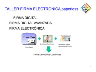 1
TALLER FIRMA ELECTRONICA paperless
FIRMA DIGITAL
FIRMA DIGITAL AVANZADA
FIRMA ELECTRÓNICA
 