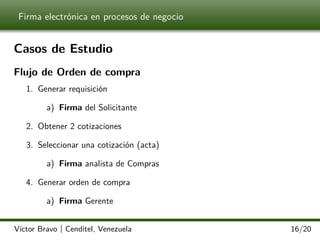 Firma electrónica en procesos de negocio

Casos de Estudio
Flujo de Orden de compra
1. Generar requisición
a) Firma del Solicitante
2. Obtener 2 cotizaciones
3. Seleccionar una cotización (acta)
a) Firma analista de Compras
4. Generar orden de compra
a) Firma Gerente
Víctor Bravo | Cenditel, Venezuela

16/20

 