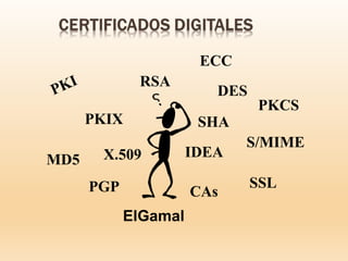 RSA
PKIX
X.509 IDEA
DES
SHA
MD5
PGP SSL
S/MIME
ECC
CAs
PKCS
ElGamal
 