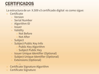 La estructura de un X.509 v3 certificado digital es como sigue:
✕ Certificate
+ Version
+ Serial Number
+ Algorithm ID
+ Issuer
+ Validity
✕ Not Before
✕ Not After
+ Subject
+ Subject Public Key Info
✕ Public Key Algorithm
✕ Subject Public Key
+ Issuer Unique Identifier (Optional)
+ Subject Unique Identifier (Optional)
+ Extensions (Optional)
✕ ...
✕ Certificate Signature Algorithm
✕ Certificate Signature
 