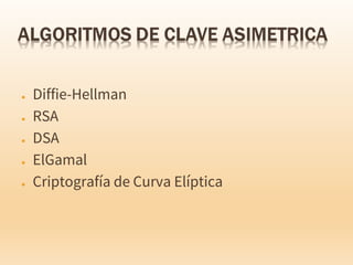 ● Diffie-Hellman
● RSA
● DSA
● ElGamal
● Criptografía de Curva Elíptica
 