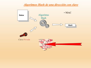 Datos
Hash
Algoritmos Hash de una dirección con clave
• MAC
Clave Privada
Algoritmo
Hash
 