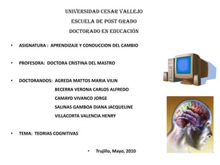 Universidad Cesar Vallejo Escuela de post grado Doctorado en Educación ASIGNATURA :  APRENDIZAJE Y CONDUCCION DEL CAMBIO PROFESORA:  DOCTORA CRISTINA DEL MASTRO DOCTORANDOS:  AGREDA MATTOS MARIA VILIN BECERRA VERONA CARLOS ALFREDO CAMAYO VIVANCO JORGE SALINAS GAMBOA DIANA JACQUELINE VILLACORTA VALENCIA HENRY TEMA:  TEORIAS COGNITIVAS Trujillo, Mayo, 2010 