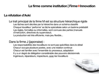 La firme comme institution | Firme+Innovation

La réfutation d'Aoki
   Le trait principal de la firme M est sa structure hiérarchique rigide
       Les tâches sont décrites par la hiérarchie dans un schéma classifié
       Chaque travailleur ‘performe’ sa tâche spécialisée selon un barème préétablit
       Les règles, formelles ou informelles, sont connues des parties (manuels
       d’instruction, directives du superviseur).
       La production est très efficiente, mais peu flexible...

   Dans la firme J (japonaise) :
       Les responsabilités des travailleurs ne sont pas spécifiées dans le détail
       Chacun occupe plusieurs postes, avec une rotation continue
       Chacun est familier avec l’ensemble du processus, adaptation
       Il y a un degré de délégation considérable des pouvoirs décisionnels
       Ingénieurs, réparateurs, inspecteurs, avec les travailleurs
 