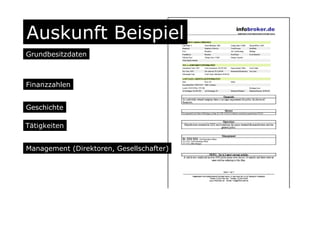 Auskunft Beispiel
Grundbesitzdaten
Finanzzahlen
Geschichte
Tätigkeiten
Management (Direktoren, Gesellschafter)
 