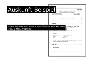 Auskunft Beispiel
Name, Adresse und andere verschiedene Kontaktdaten
(Fax, E-Mail, Website)
 