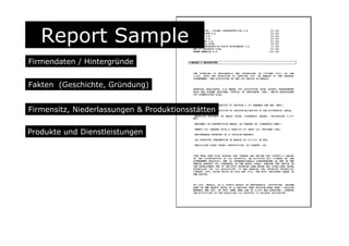 Report Sample
Firmendaten / Hintergründe
Produkte und Dienstleistungen
Fakten (Geschichte, Gründung)
Firmensitz, Niederlassungen & Produktionsstätten
 