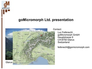 goMicromorph Ltd. presentation

                           Contact:
                               Luc Feitknecht
                               goMicromorph GmbH
                               Hauptstrasse 9
                               CH-8750 Glarus
                               Switzerland

                              feitknecht@gomicromorph.com




Glarus
 