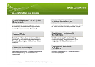 Geschäftsfelder Star Gruppe


  Projektmanagement, Beratung und
  Projektmanagement, Beratung und                                                             Ingenieurdienstleistungen
  Kommunikation
  Kommunikation                                                                               Ingenieurdienstleistungen
  Unterstützung der Wertschöpfungskette unserer                                               Technischer Full Service Partner im automobilen Umfeld.
  Kunden durch gezielte Problemlösungskompetenz                                               Wir bieten innovative branchenspezifische Lösungen
  und langjährige Implementierungserfahrung



  House of Media                                                                              Produkte und Leistungen für
                                                                                              Produkte und Leistungen für
  House of Media                                                                              das Autohaus
                                                                                              das Autohaus
  Entwicklung und Umsetzung von Kommunikations-                                               Herstellerunabhängige Werkstatteinrichtung,
  konzepten und VkF-Maßnahmen sowie Gestaltung,                                               Implementierung von Retailstandards bis hin zu
  Produktion, Steuerung und Distribution von Medien-                                          ertragssteigernden Akquisitionsprogrammen
  produkten



  Logistikdienstleistungen                                                                    Management innovativer
                                                                                              Management innovativer
  Logistikdienstleistungen                                                                    IT-Produkte
                                                                                              IT-Produkte
  Organisation, Koordination und Steuerung logistischer                                       Architektur, Realisierung und Produktmanagement
  Prozesse. Optimierung von Informations- und                                                 innovativer IT-Projekte
  Warenflüssen




www.star-cooperation.com   28.02.2012 | © Alle Rechte bei Star Cooperation GmbH. Jede Verwendung,
                           gesamt oder auszugsweise, nur mit Genehmigung der Star Cooperation GmbH.
 