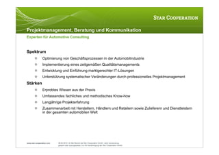 Projektmanagement, Beratung und Kommunikation
Experten für Automotive Consulting



Spektrum
               Optimierung von Geschäftsprozessen in der Automobilindustrie
               Implementierung eines zeitgemäßen Qualitätsmanagements
               Entwicklung und Einführung marktgerechter IT-Lösungen
               Unterstützung systematischer Veränderungen durch professionelles Projektmanagement
Stärken
               Erprobtes Wissen aus der Praxis
               Umfassendes fachliches und methodisches Know-how
               Langjährige Projekterfahrung
               Zusammenarbeit mit Herstellern, Händlern und Retailern sowie Zulieferern und Dienstleistern
                in der gesamten automobilen Welt




www.star-cooperation.com   28.02.2012 | © Alle Rechte bei Star Cooperation GmbH. Jede Verwendung,
                           gesamt oder auszugsweise, nur mit Genehmigung der Star Cooperation GmbH.
 