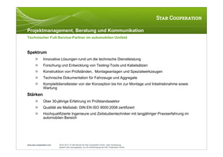 Projektmanagement, Beratung und Kommunikation
Technischer Full-Service-Partner im automobilen Umfeld



Spektrum
               Innovative Lösungen rund um die technische Dienstleistung
               Forschung und Entwicklung von Testing-Tools und Kabelsätzen
               Konstruktion von Prüfständen, Montageanlagen und Spezialwerkzeugen
               Technische Dokumentation für Fahrzeuge und Aggregate
               Komplettdienstleister von der Konzeption bis hin zur Montage und Inbetriebnahme sowie
                Wartung
Stärken
               Über 30-jährige Erfahrung im Prüfstandssektor
               Qualität als Maßstab: DIN EN ISO 9000:2008 zertifiziert
               Hochqualifizierte Ingenieure und Zeitstudientechniker mit langjähriger Praxiserfahrung im
                automobilen Bereich




www.star-cooperation.com   28.02.2012 | © Alle Rechte bei Star Cooperation GmbH. Jede Verwendung,
                           gesamt oder auszugsweise, nur mit Genehmigung der Star Cooperation GmbH.
 
