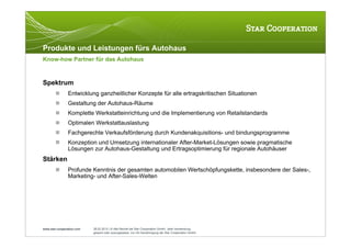 Produkte und Leistungen fürs Autohaus
Know-how Partner für das Autohaus



Spektrum
               Entwicklung ganzheitlicher Konzepte für alle ertragskritischen Situationen
               Gestaltung der Autohaus-Räume
               Komplette Werkstatteinrichtung und die Implementierung von Retailstandards
               Optimalen Werkstattauslastung
               Fachgerechte Verkaufsförderung durch Kundenakquisitions- und bindungsprogramme
               Konzeption und Umsetzung internationaler After-Market-Lösungen sowie pragmatische
                Lösungen zur Autohaus-Gestaltung und Ertragsoptimierung für regionale Autohäuser
Stärken
               Profunde Kenntnis der gesamten automobilen Wertschöpfungskette, insbesondere der Sales-,
                Marketing- und After-Sales-Welten




www.star-cooperation.com   28.02.2012 | © Alle Rechte bei Star Cooperation GmbH. Jede Verwendung,
                           gesamt oder auszugsweise, nur mit Genehmigung der Star Cooperation GmbH.
 
