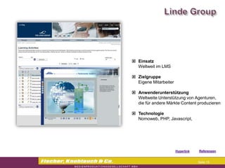 Commerzbank




                Einsatz
                 Weltweit im LMS

                Zielgruppe
                 Eigene Mitarbeiter

                Anwenderunterstützung
                 Weltweite Unterstützung von Agenturen,
                 die für andere Märkte Content produzieren

                Technologie
                 Nomoweb, PHP, Javascript,




                                      Hyperlink   Referenzen


                                                   Seite 15
 