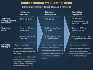 Конверсионни стойности и цени
Типични резултати от банер реклама в Интернет
Импресии
Кликове
Кликове
Препратки
Препратки
Продажби
Типични
конверсионни
стойности
Типични
цени
Ключови
фактори
0.2% до 0.5% 1% до 5% 1% до 10%
(в зависимост от
вида на стоката)
2 лв. до 10 лв.
за хиляда
0.40 лв. до 5 лв.
за клик
0.40 лв. до 5 лв.
за клик
8 лв. до 500 лв.
за препратка
8 лв. до 500 лв.
за препратка
80 лв. до 50 000 лв.
за привлечен клиент
-избор на аудиторията
-подтикване към действие
-оптимизиране на сценария
на банера
-минимизиране на разликата
между кликовете, отчетени от
сайта, където е разположен
банерът и действителните
посещения на Вашия сайт
-точен избор на страницата,
до която води банерът
-съдържание на страницата
-механизъм за събиране на
информация за обратна
връзка
-скорост на проследяване
-качество на проследяване
-задържане интереса на
потенциални клиенти, които
не са готови за покупка
 