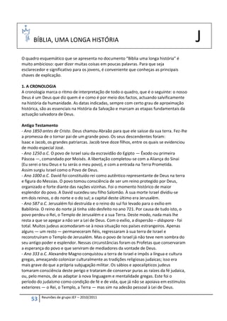 BÍBLIA, UMA LONGA HISTÓRIA                                                             J
O quadro esquemático que se apresenta no documento “Bíblia uma longa história” é
muito ambicioso: quer dizer muitas coisas em poucas palavras. Para que seja
esclarecedor e significativo para os jovens, é conveniente que conheças as principais
chaves de explicação.

1. A CRONOLOGIA
A cronologia marca o ritmo de interpretação de todo o quadro, que é o seguinte: o nosso
Deus é um Deus que diz quem é e como é por meio dos factos, actuando salvificamente
na história da humanidade. As datas indicadas, sempre com certo grau de aproximação
histórica, são as essenciais na História da Salvação e marcam as etapas fundamentais da
actuação salvadora de Deus.

Antigo Testamento
- Ano 1850 antes de Cristo. Deus chamou Abraão para que ele saísse da sua terra. Fez-lhe
a promessa de o tornar pai de um grande povo. Os seus descendentes foram:
lsaac e Jacob, os grandes patriarcas. Jacob teve doze filhos, entre os quais se evidenciou
de modo especial José.
- Ano 1250 a.C. O povo de Israel saiu da escravidão do Egipto — Êxodo ou primeira
Páscoa —, comandado por Moisés. A libertação completou-se com a Aliança do Sinai
(Eu serei o teu Deus e tu serás o meu povo), e com a entrada na Terra Prometida.
Assim surgiu Israel como o Povo de Deus.
- Ano 1000 a.C. David foi constituído rei como autêntico representante de Deus na terra
e figura do Messias. O povo tomou consciência de ser um reino protegido por Deus,
organizado e forte diante das nações vizinhas. Foi o momento histórico de maior
esplendor do povo. A David sucedeu seu filho Salomão. À sua morte Israel dividiu-se
em dois reinos, o do norte e o do sul; a capital deste último era Jerusalém.
- Ano 587 a.C. Jerusalém foi destruída e o reino do sul foi levado para o exílio em
Babilónia. O reino do norte já tinha sido desfeito no ano 721. Por causa de tudo isto, o
povo perdeu o Rei, o Templo de Jerusalém e a sua Terra. Deste modo, nada mais lhe
resta a que se apegar a não ser a Lei de Deus. Com o exílio, a dispersão – diáspora - foi
total. Muitos judeus acomodaram-se à nova situação nos países estrangeiros. Apenas
alguns — um resto — permaneceram fiéis, regressaram à sua terra de Israel e
reconstruíram o Templo de Jerusalém. Mas o povo de Israel já não teve nem sombra do
seu antigo poder e esplendor. Nessas circunstâncias foram os Profetas que conservaram
a esperança do povo e que serviram de mediadores da vontade de Deus.
- Ano 333 a.C. Alexandre Magno conquistou a terra de Israel e impôs a língua e cultura
gregas, ameaçando colonizar culturalmente as tradições religiosas judaicas; isso era
mais grave do que a própria subjugação militar. Os sábios e apocalípticos judeus
tomaram consciência deste perigo e trataram de conservar puras as raízes da fé judaica,
ou, pelo menos, de as adaptar à nova linguagem e mentalidade gregas. Este foi o
período do judaísmo como condição de fé e de vida, que já não se apoiava em estímulos
exteriores — o Rei, o Templo, a Terra — mas sim na adesão pessoal à Lei de Deus.

          Reuniões de grupo JEF – 2010/2011
     53
 