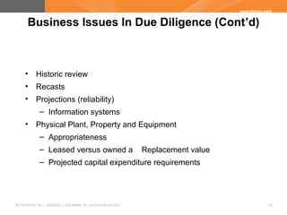 ©COPYRIGHT 2011. ANDREW J. SHERMAN. ALL RIGHTS RESERVED 23
Business Issues In Due Diligence (Cont’d)
• Historic review
• R...