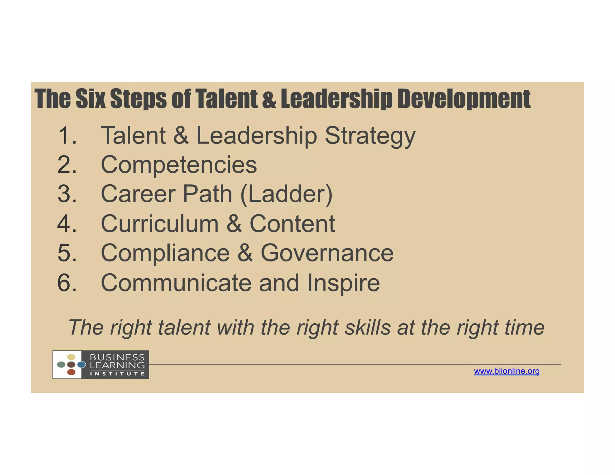 1.  Talent & Leadership Strategy
2.  Competencies
3.  Career Path (Ladder)
4.  Curriculum & Content
5.  Compliance & Governance
6.  Communicate and Inspire
The Six Steps of Talent & Leadership Development
The right talent with the right skills at the right time
www.blionline.org
 